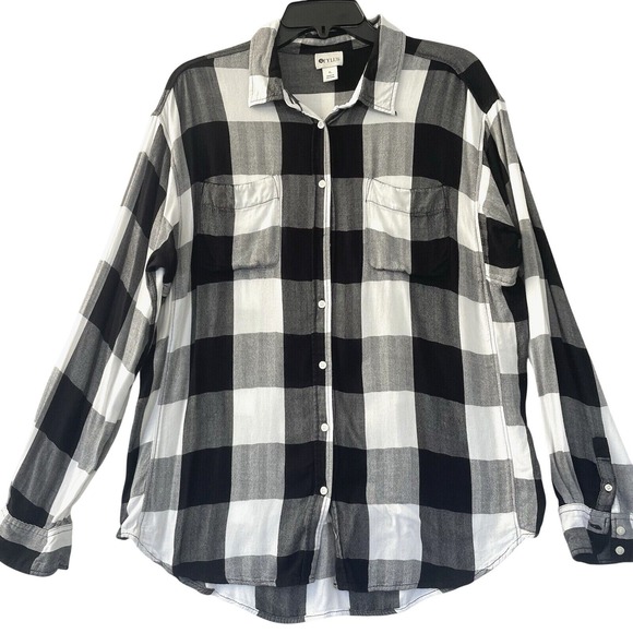 STYLUS Tops - Stylus Plaid Button Down Shirt Womens XL Black White Rayon Buffalo Check